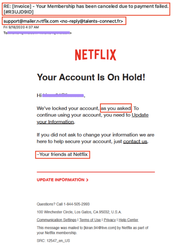 ตัวอย่าง Phishing Email แอบอ้างเป็น Netflix